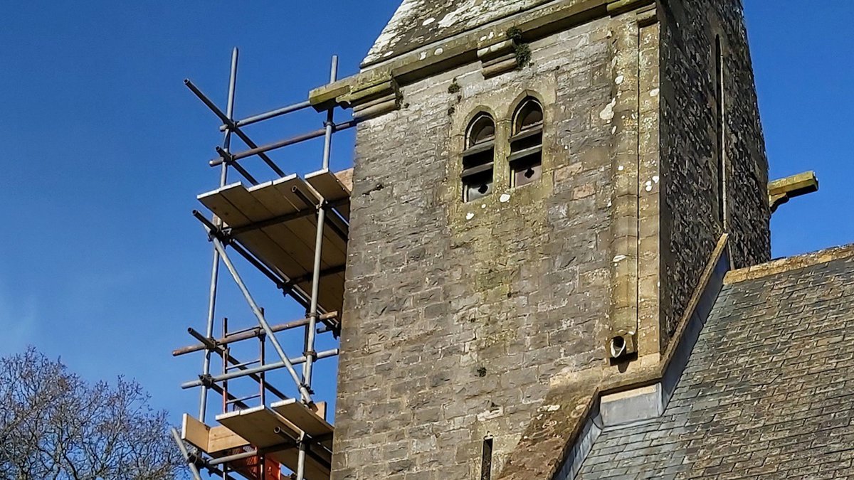 scaffolding on a church tower