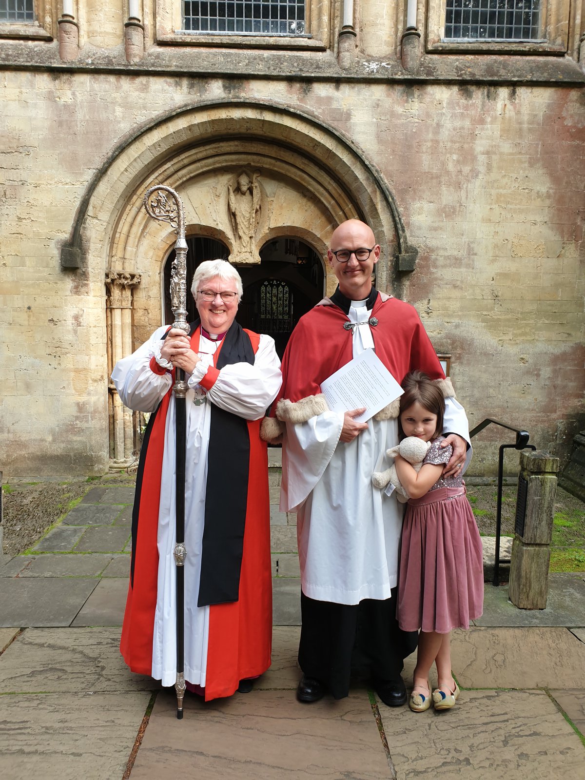 Bishop June, Rev'd Rod Green and his daughter at Llandaff Cathedral