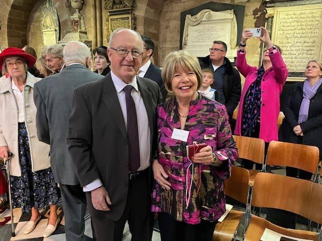 Janet Akers and her husband Peter smiling at Worcester Cathedral