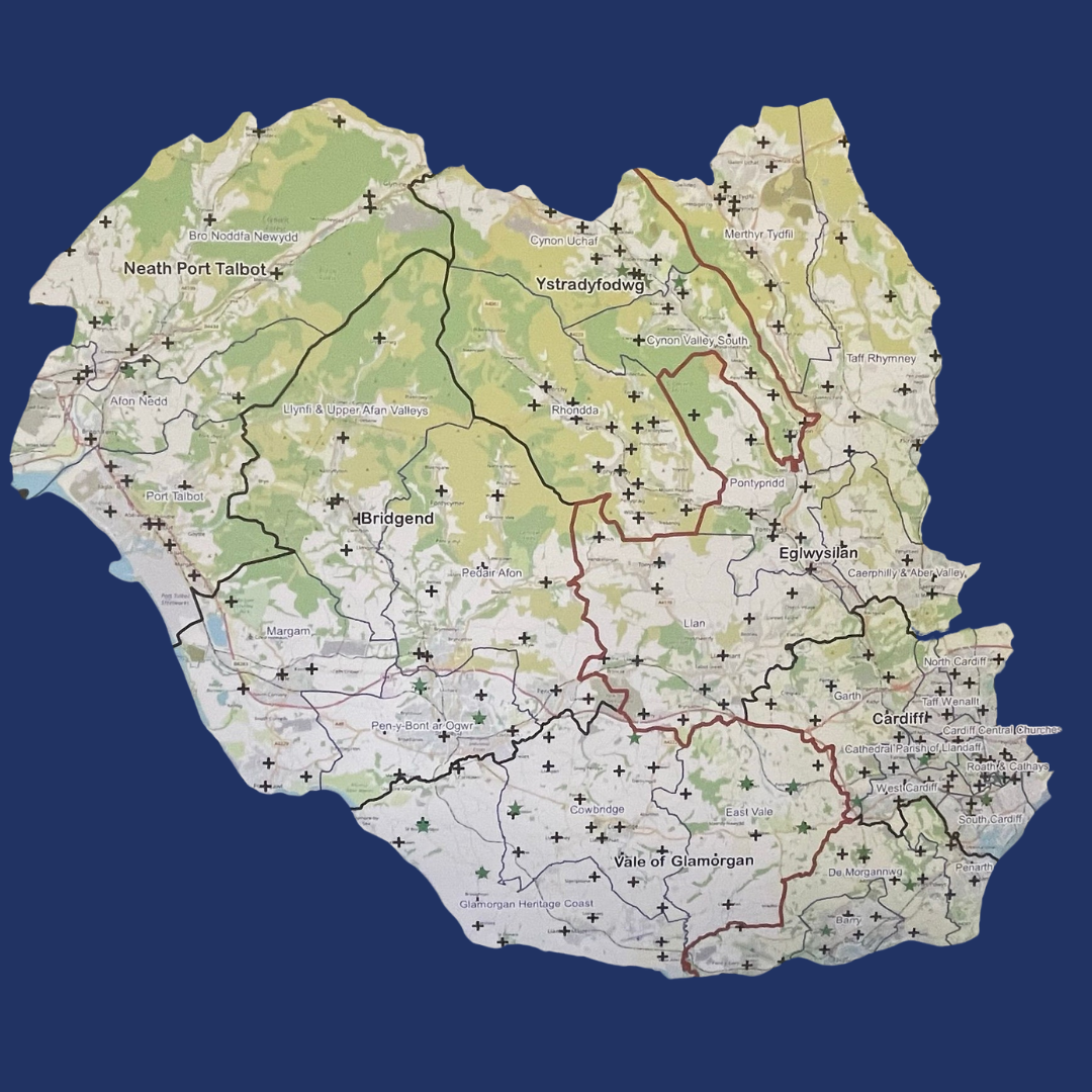 A map of the Diocese with MAs, Schools and Churches marked