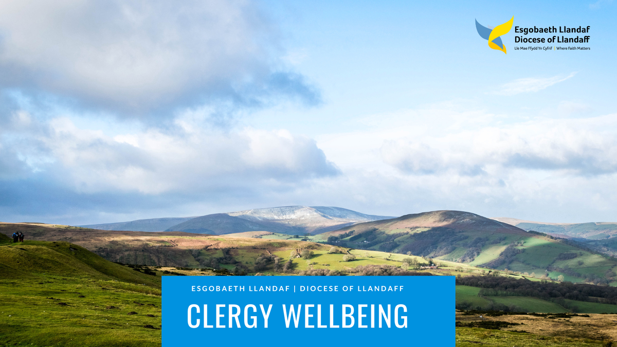 Green landscape and blue sky - title says Clergy Wellbeing