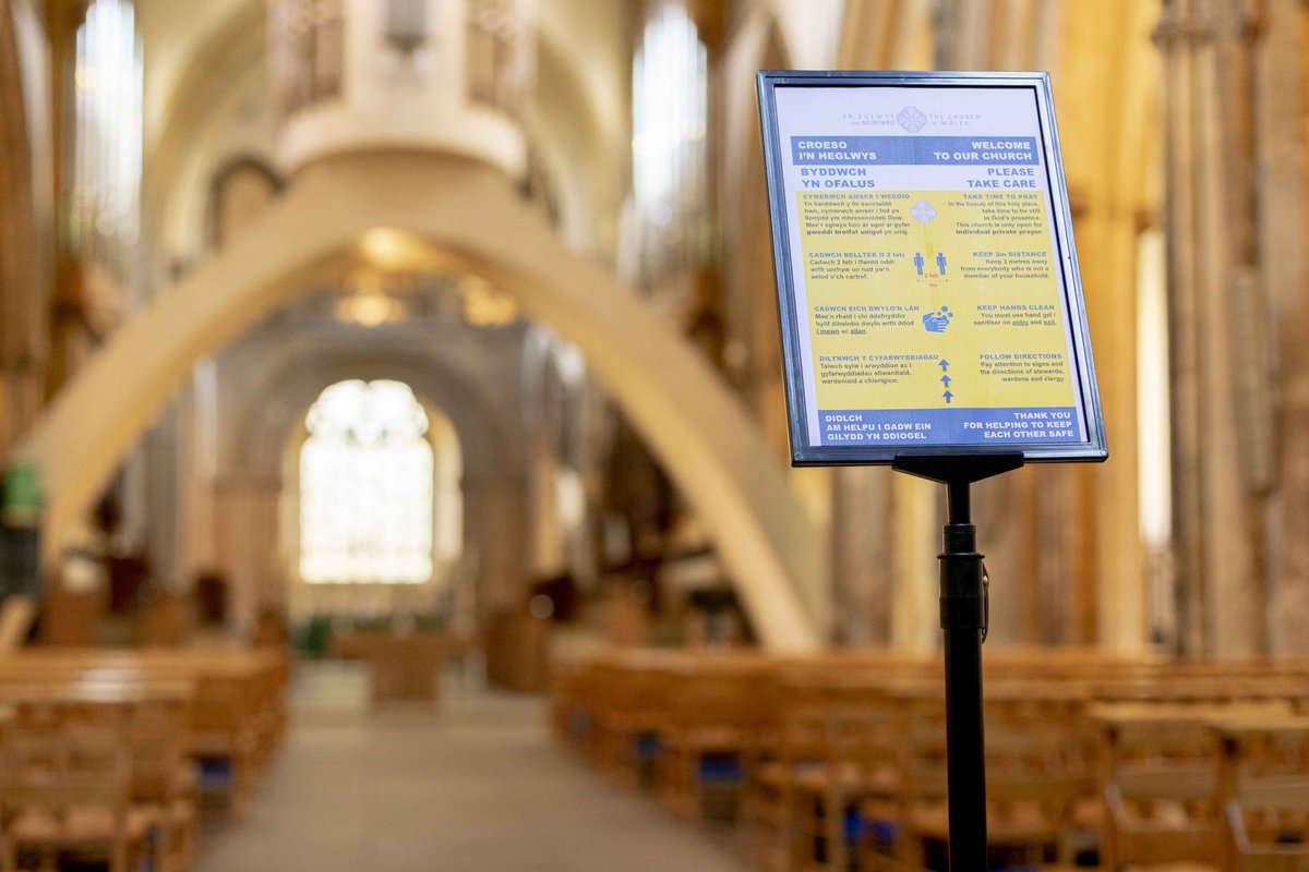 Llandaff Cathedral reopens with social distancing signs