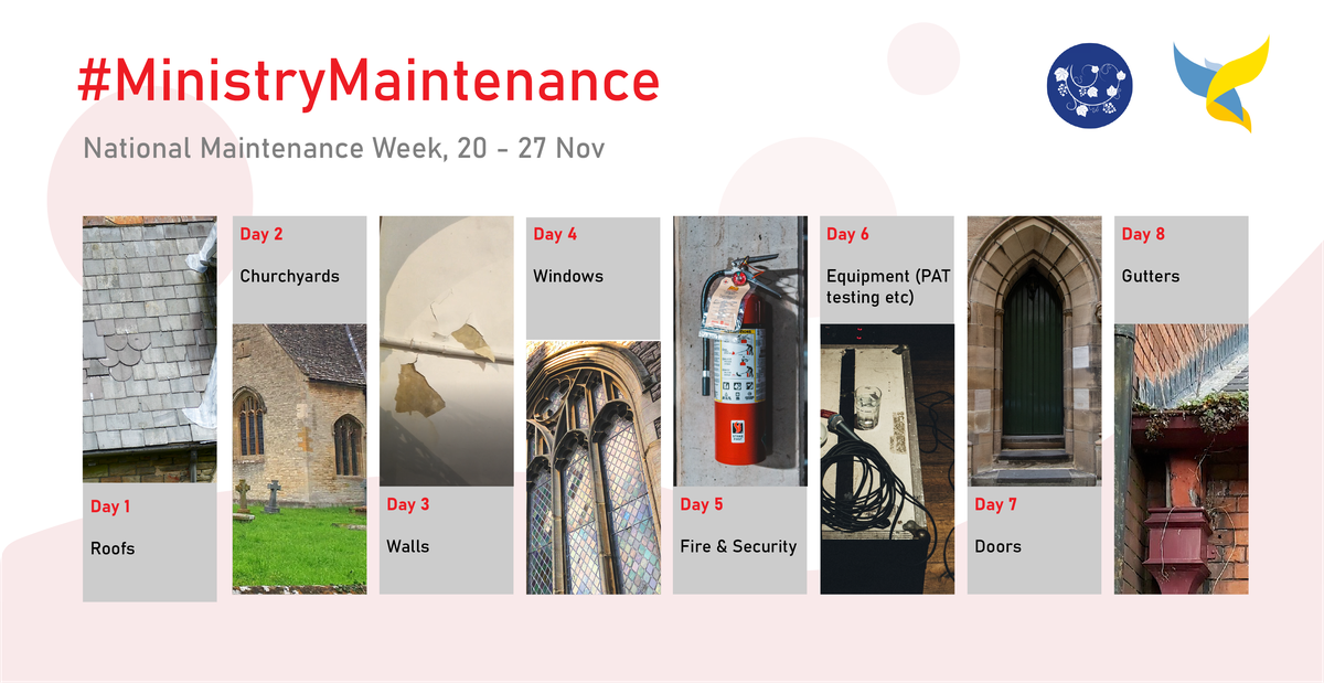 National Maintence Week schedule. Day 1 is roofs, day 2 is churchyards, day 3 is walls, day 4 is windows, day 5 is fire and security, day 6 is equipment, day 7 is doors, day 8 is gutters