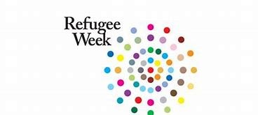 Refugee week logo of small multicolored dots and the word Refugee Week