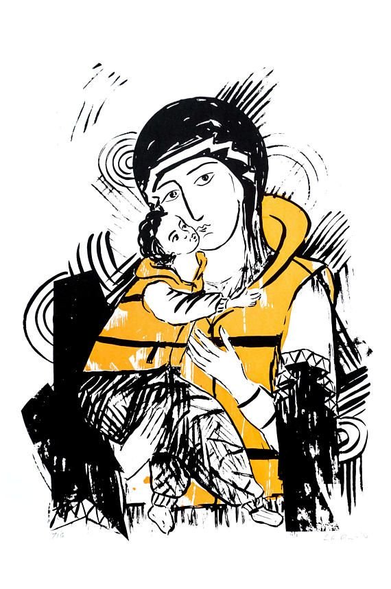 A contemporary icon of Mary and Jesus as refugees with lifebelts