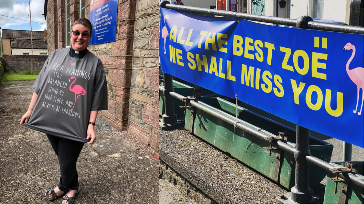 Revd Zoe King and a sign bidding  her best wishes as she moves on from the Parish of Tongwynlais