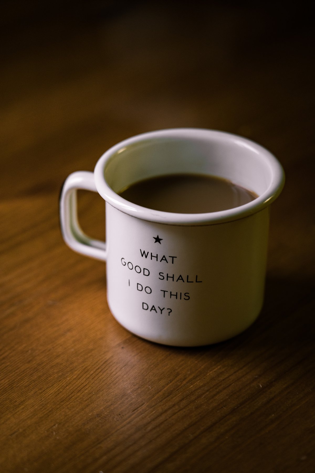 A coffee mug with the words What good can I do today?