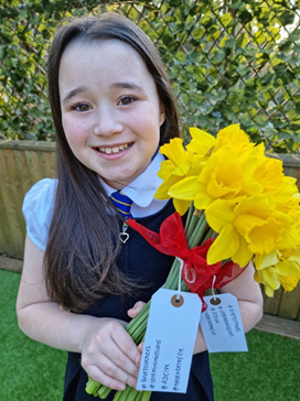 Young girl holding daffodils